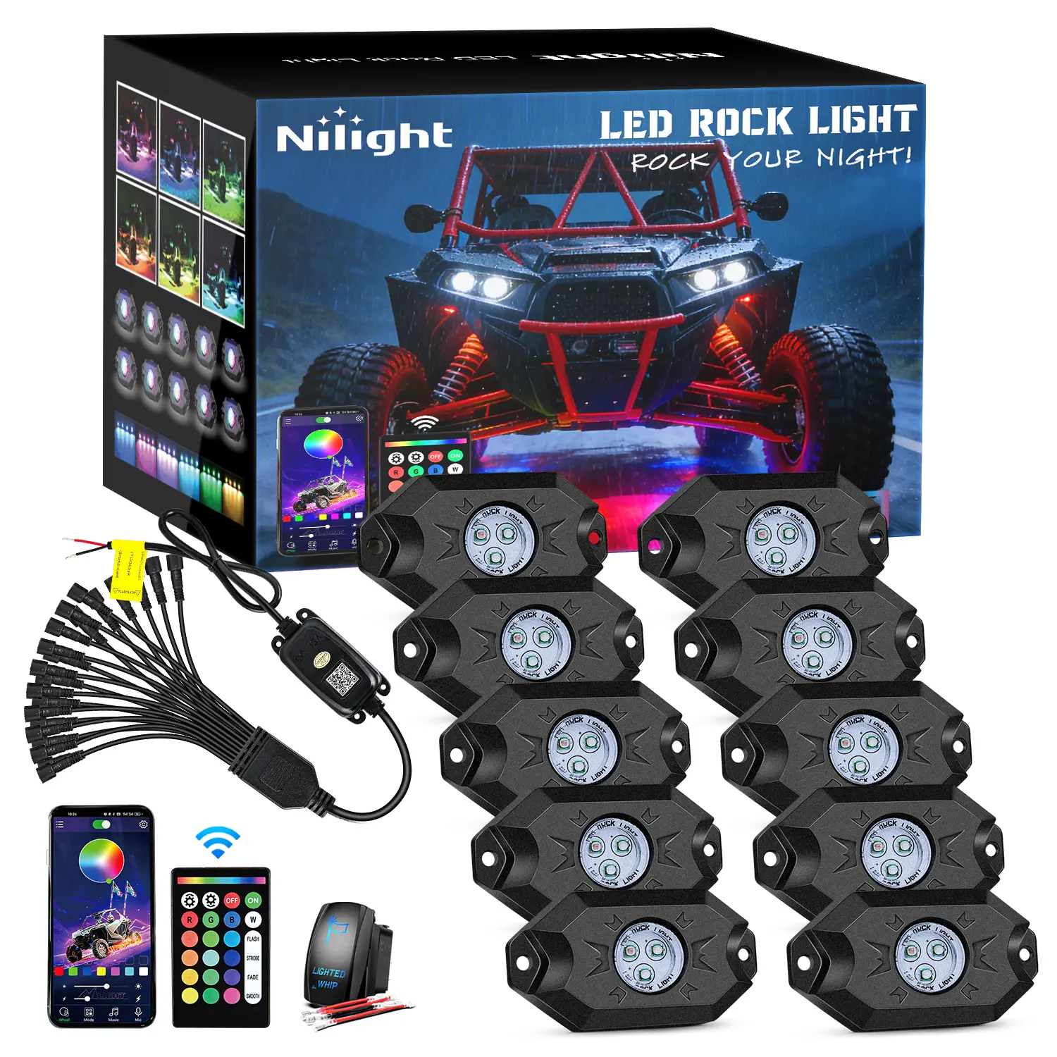 Nilight RGB LED Rock Lights Kit - 10 Pods Underglow Multicolor Neon Pod with Remote & Bluetooth App Control, DIY Flashing Modes, Music Mode, Wheel Well Compatible for Truck, ATV, Led Lights Car