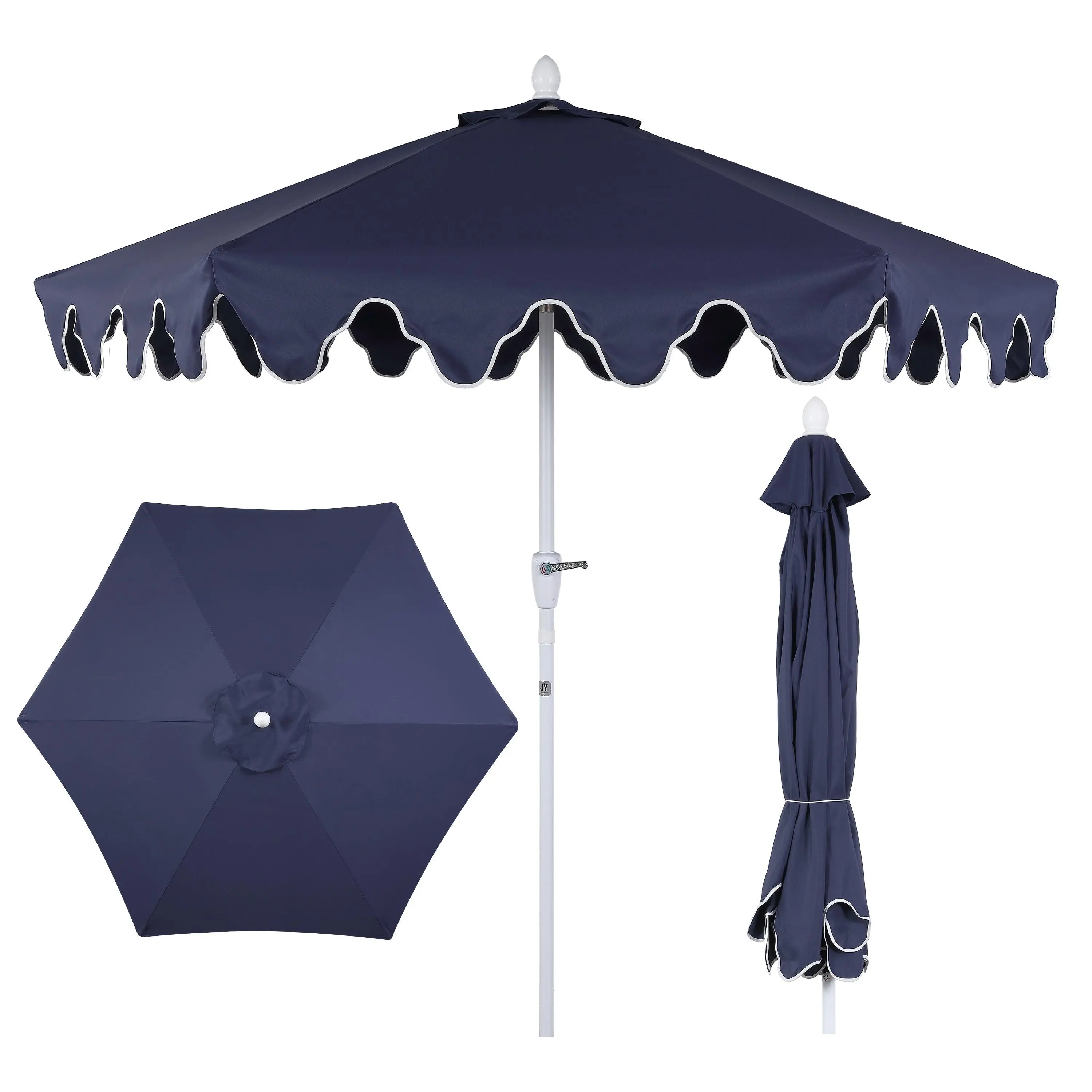 Valen 9 ft. Scalloped Lotus Edge Bohemian Coastal Market Patio UV Umbrella with Cranked Auto-Tilt, Wind Vent and UV Protection