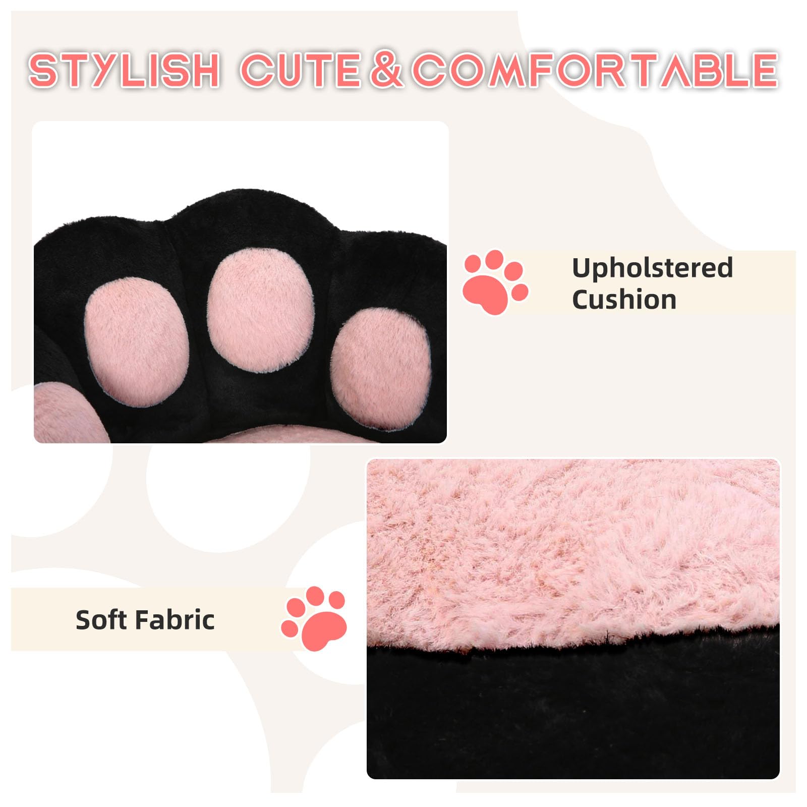 Vanity Chair with Wheels,Cute Cat Paw Office Chair with Back,360°Rotating Height Adjustable Armless Chair in Vibrant Color-Blocking,Small Desk Chair,Plush Cushion for Bedroom,Make-Up Room Home Office