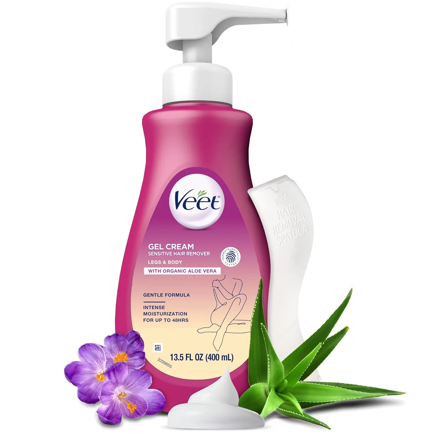 Sensitive Skin Hair Removal Cream For Women, Painless Bikini Hair Removal Gel, Dermatologically Tested Depilatory Cream For Bikini Line, Legs, Arms, Underarms, 13.5 FL OZ Pump Bottle with Tool