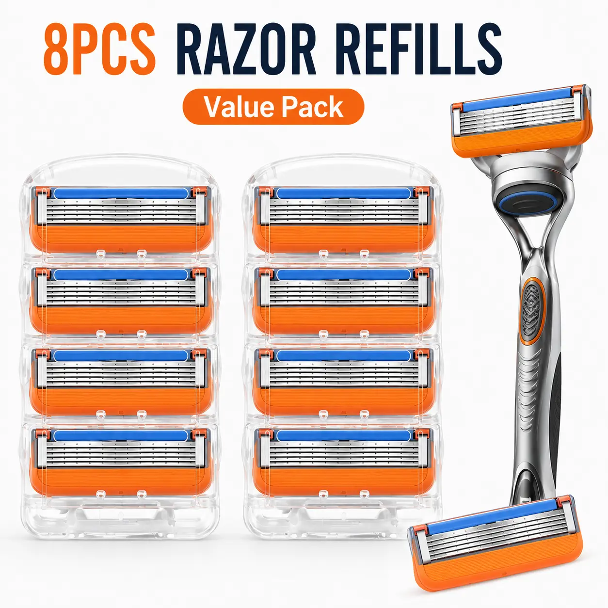 Men's 8PCS 5-Blade Razor Refills - Multi-Blades Design, Easy Snap-On Head, Smooth Lubricating Strip, Pack with Protective Case That Keeps Refills Clean for Face & Body Grooming (Party Gift Home Supply)