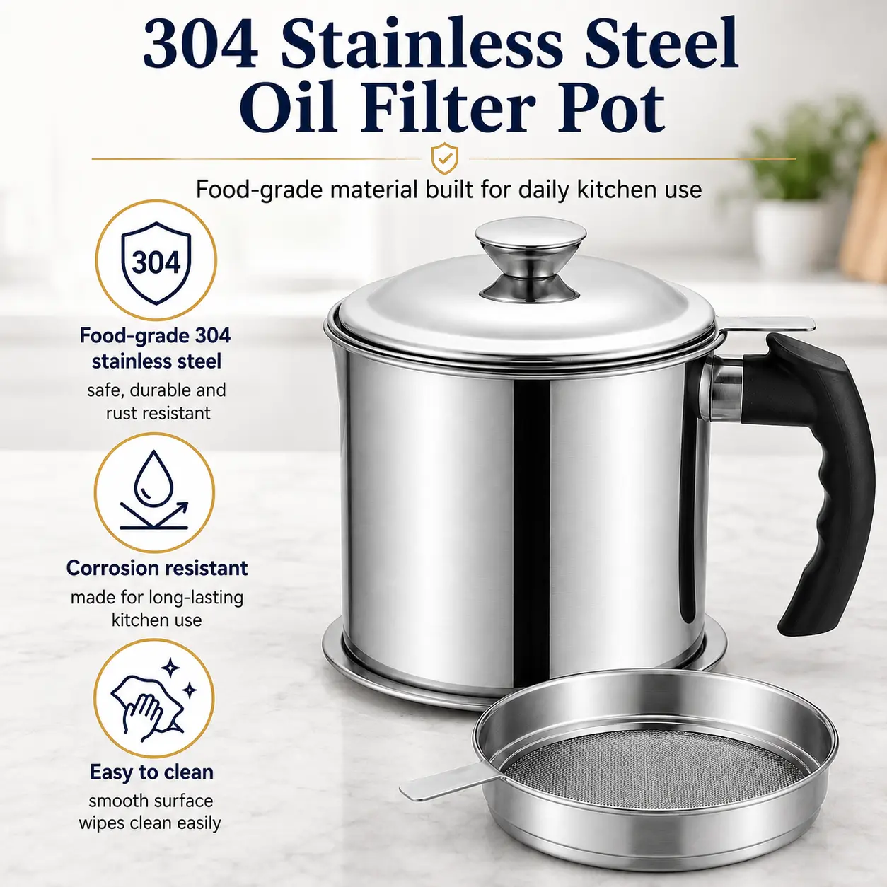 304 Stainless Steel Oil Filter Pot - Kitchen Grease Separator with Fine Mesh Strainer, Oil Filtering Storage Can for Frying, Rustproof Handle-Lid, Dishwasher-Safe Camping Home Kitchen Gadget, 1.3L