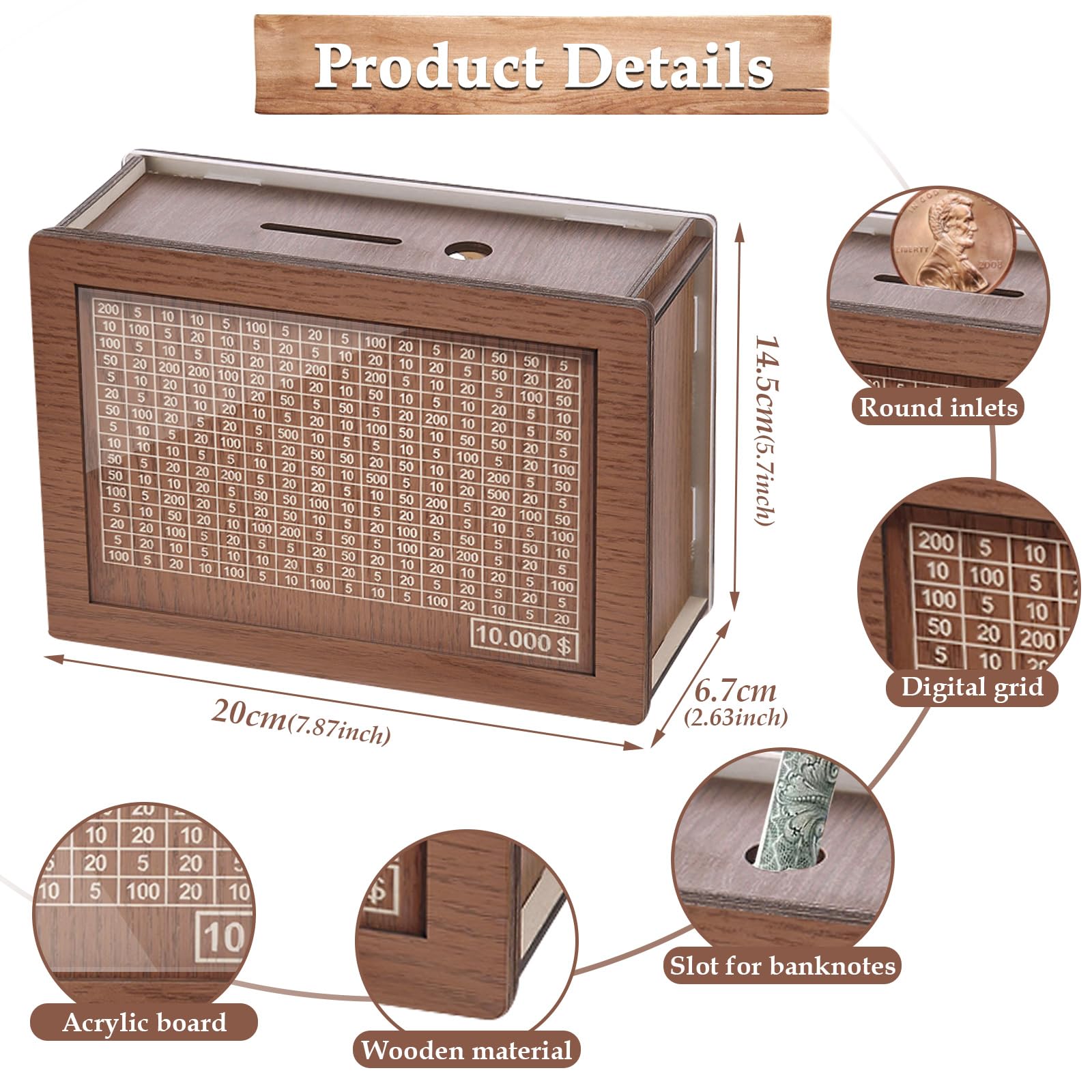 Cash Vault Wooden Savings Box, 2026 New Savings Challenge Box, Wooden Money Saving Box Money Box with Counter, Money Saver with Money 10000 Savings Target and Numbers