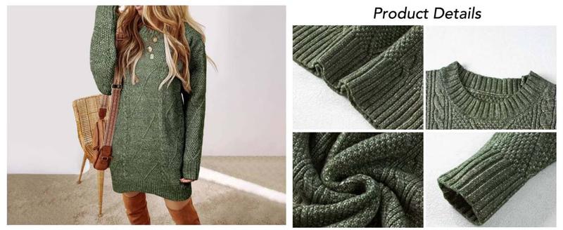 ChicMe Women's Round Neck Long Sleeve Warm Sweater Dress Casual Loose Fit Cable Knit Pullover Mini Dress