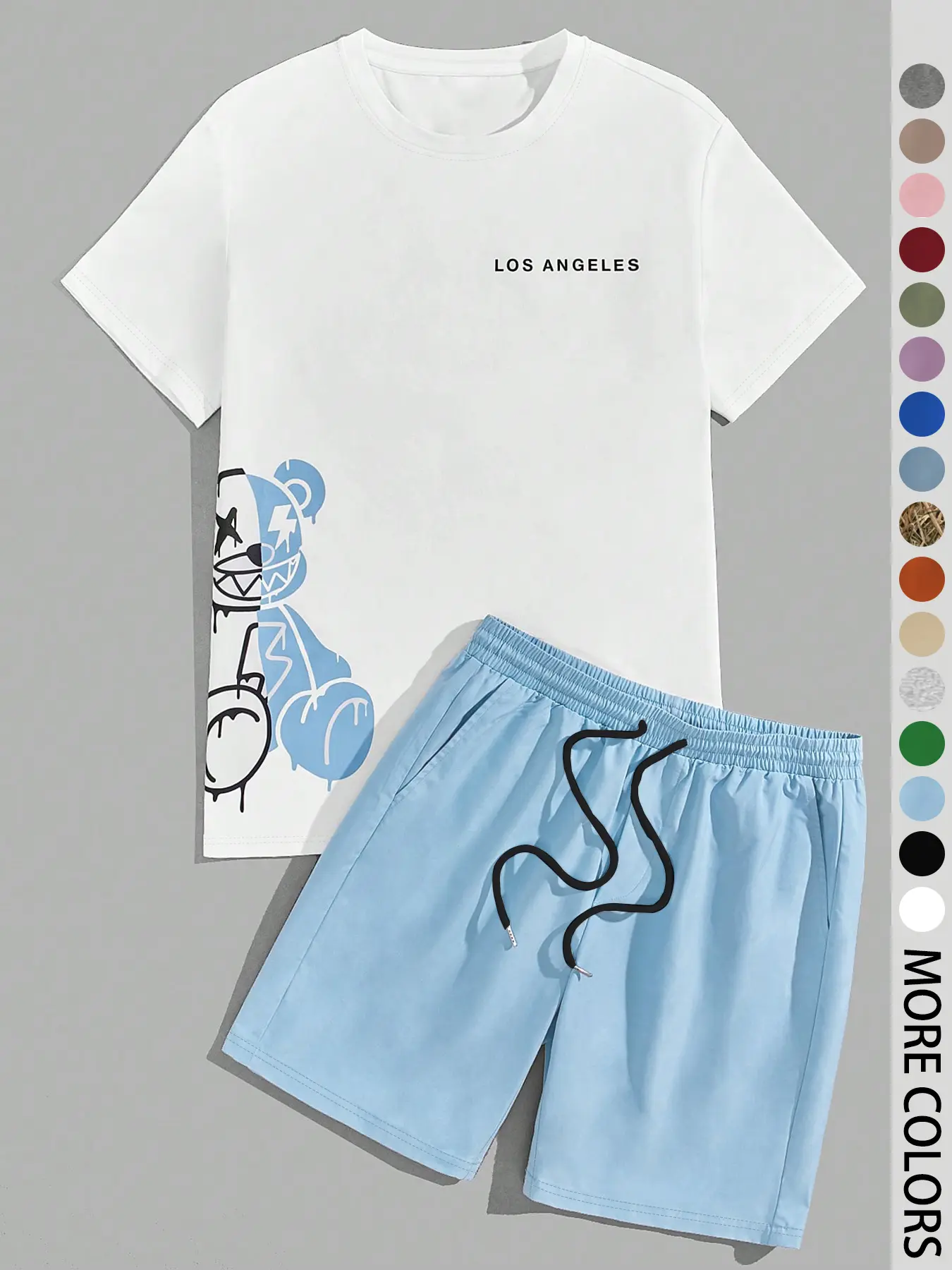 Men's Two-Piece Cartoon Bear and Letter Graphic Print Short-Sleeve Tee and Shorts Set, Regular Fit Casual Round-Neck T-shirt and Track Shorts, Summer Clothes Set for Men