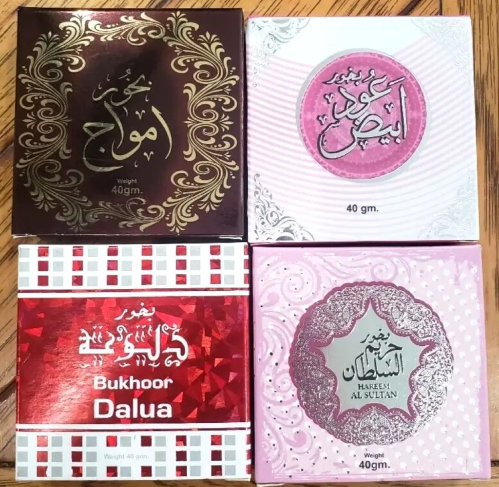 Ard Al Zaffaran 4-Pack Bakhoor Incense (40g) - Hareem Al Sultan, Amwaj, Dalua, Oud Abiyad Scents, Peachy Plastic Electronic Freshener with Agarwood/Oudh Aroma for Home Fragrance Decor Supplies, Scented