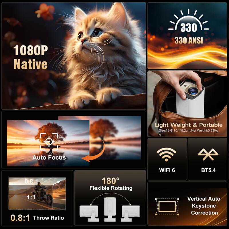 [US warehouse] Magcubic HY310 Projector Native 1080P 330ANSI Auto Focus Keystone Correction 4K Videosource Supported BT5.4 WIFI6 60Hz Reflash Home Cinema Mini Projector 130"Screen Audio Airmouse Built-in Speaker Allwinner H713 180°Flexible Rotating