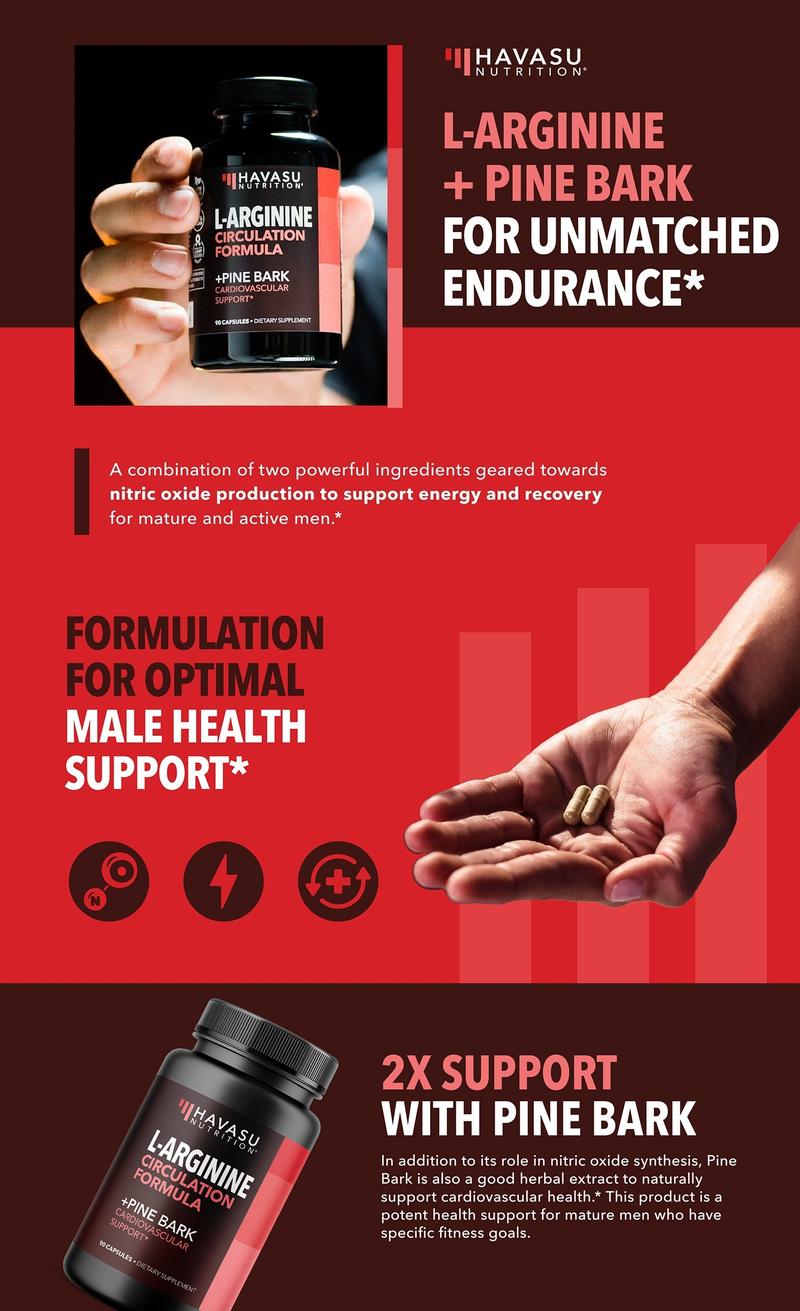 L Arginine Pine Bark Extract Capsules - Potent 2X Formula Nitric Oxide Supplement for Men with 1800mg LArginine and 100mg French Pine Bark - Endurance Performance Recovery - 90 Count