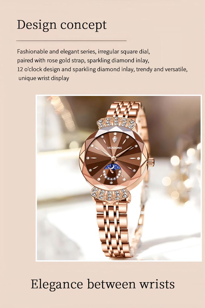 VEADONS Luxury Women's Jewelry Watch Diamond Cut Crystal Stainless Steel Case Water Resistant Moon Star Sun Design Elegant Wristwatch Perfect Gift for Her