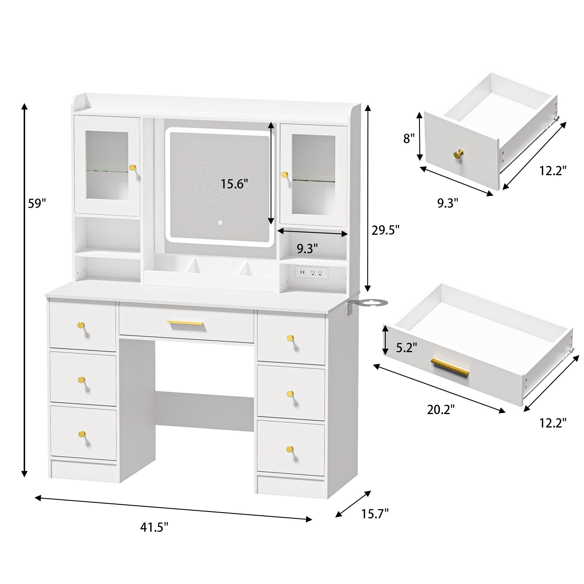 Vanity Desk with Mirror and Lights, with Power Outlet and LED Jewelry Cabinet Modern Capacity Makeup Vanity with 7 Drawers, Makeup Table for Bedroom,Makeup Room,White