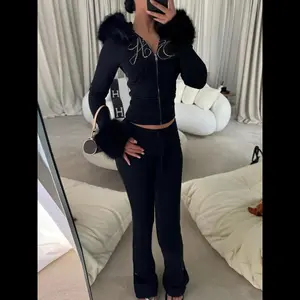 Women's Y2K Street Style Long Sleeve Hoodie & Pants Set, Rhinestone Letter Print, Fleece Lined, Zipper Waistband, Fall Winter, Clothes