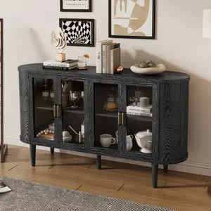 BLACK Modern Farmhouse Sideboard Cabinet - 60" Buffet Storage Console with 4 Glass Doors & Adjustable Shelves | Rustic Industrial Wood Display Cabinet for Dining Room, Living Room & Kitchen | Matte Black Finish Sideboard with Cable Management