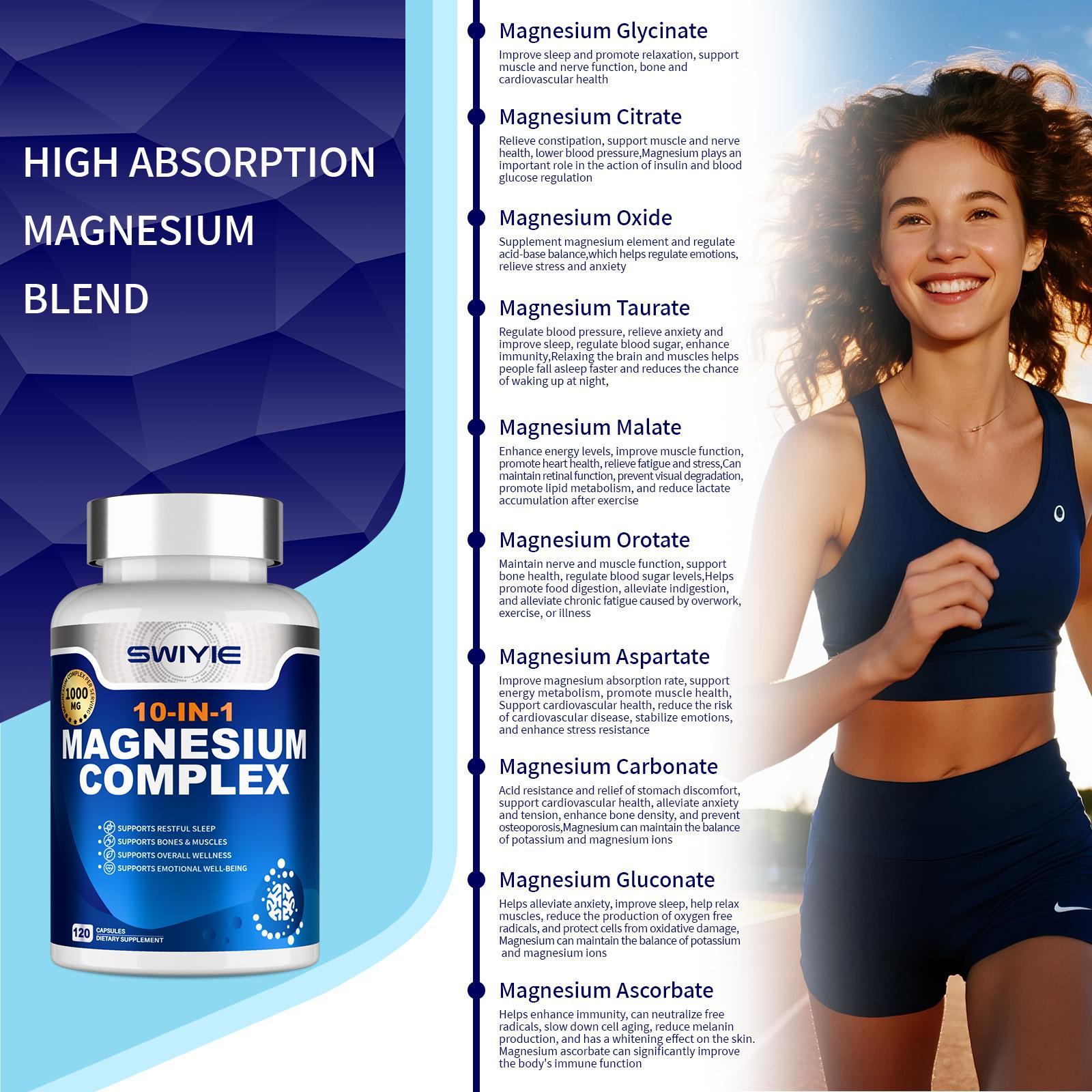 SWIYIE 10-in-1 Magnesium Complex 1000mg Vegan Capsules for Muscle Heart & Relaxation Support 120 Edible Dietary Supplement