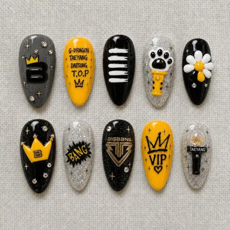 Kpop Concert Nails, Black Yellow 3D Crown, Daisy and Light Stick Art, BIGBANG Fan Design, G Dragon Press On Nails