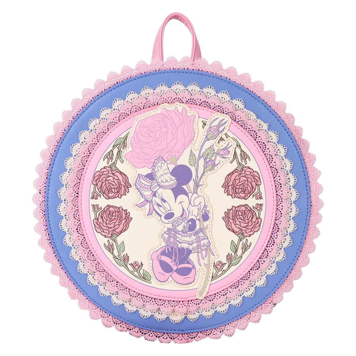 Loungefly Disney Minnie Mouse Cute Mini Backpack, 9-inch Round Faux Leather Purse with Floral Embroidery and Vintage Lace, Cute Backpack