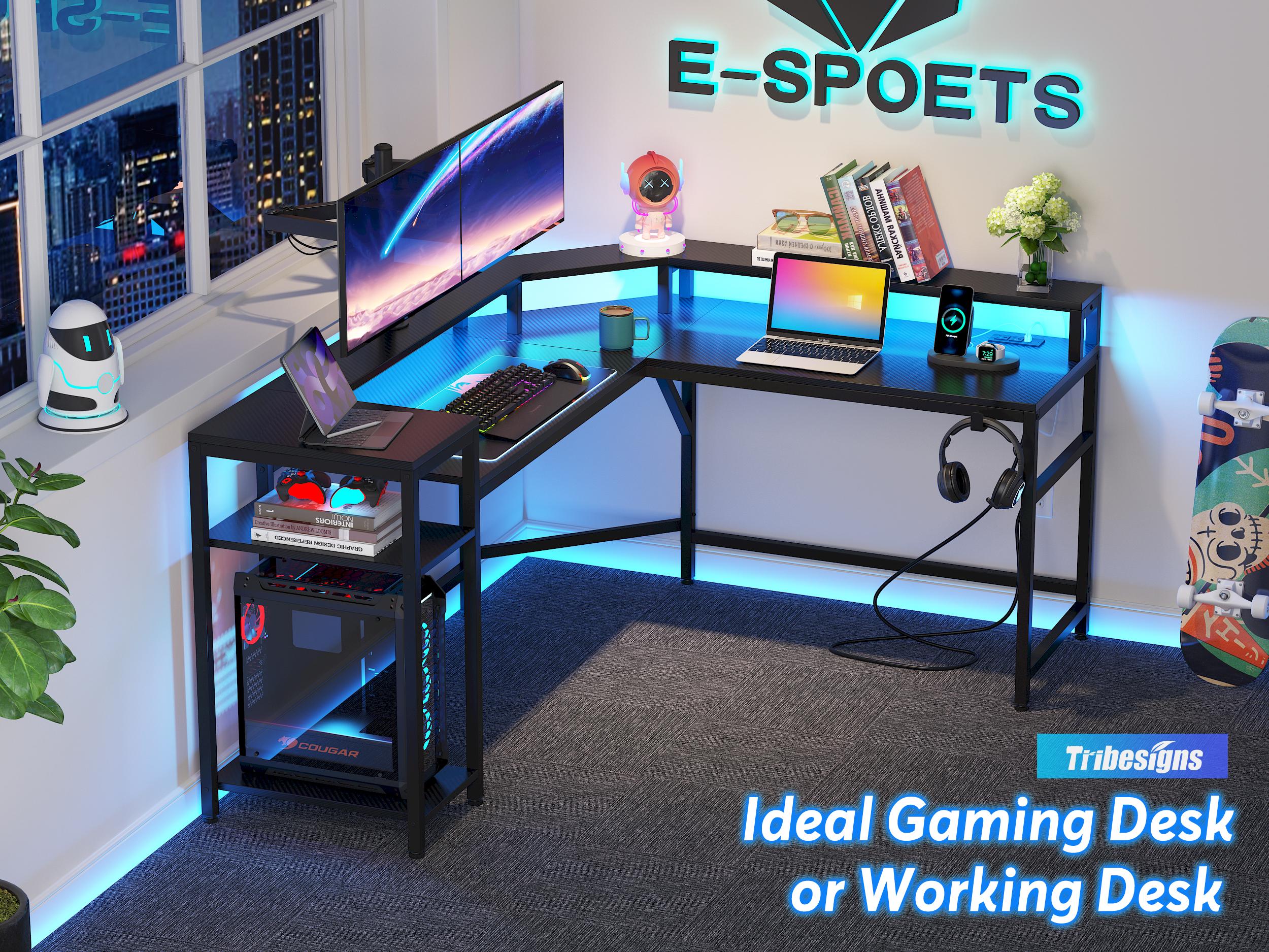 Tribesigns 63" Large Gaming Desk - Multifunctional Computer Workstation with Power Outlets & RGB LED Lighting for Home Office, Game Room