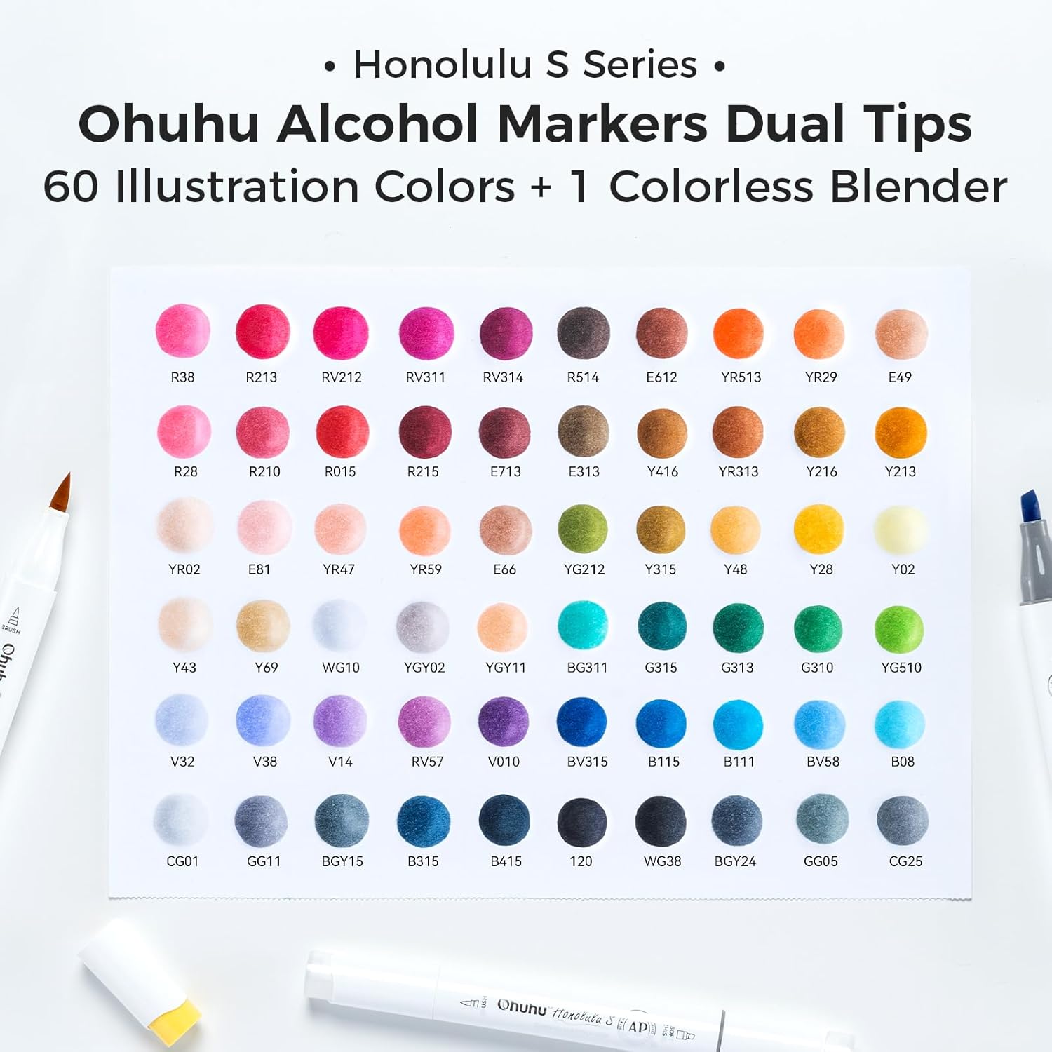 Ohuhu Soft Chisel Alcohol Markers Red Dot Design Award Winner Brush & Soft Chisel Dual Tips Drawing Markers for Artist Beginner Adult Coloring Illustration Sketching -Honolulu S - 24 skin-tone / 48 basic tone / 60 Illustration-color
