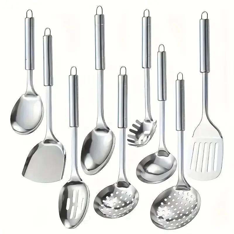 9-Pack Heavy-Duty Stainless Steel Kitchen Utensil Tool Kit with Turner, Rust-Proof Ergonomic Metal Set, Easy Hanging Storage, Suitable for Boiling & Frying, Ideal for Housewarming, Christmas & Birthday Gifts