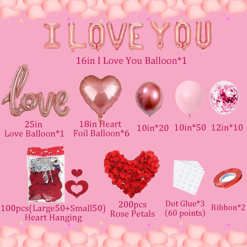 Valentines Day Decorations, I Love You Balloons with Red Silk Rose Petals Flower Romantic Decorations, Rose Gold Pink Heart Balloons Kit for Anniversary Mothers Day Wedding Valentine’s Day Decorations