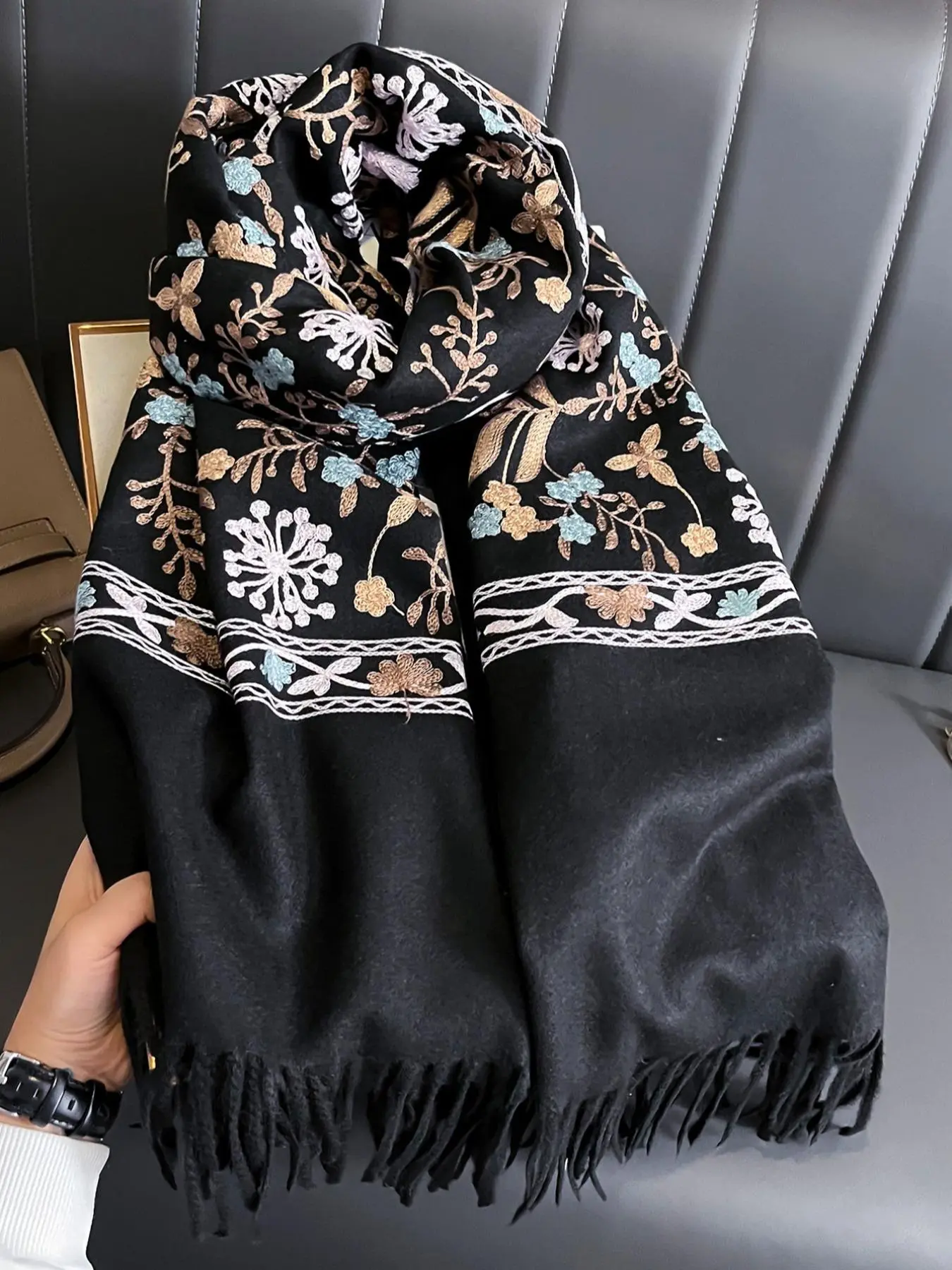 Floral Embroidery Long Scarf for Women, Fashion Accessories for Fall & Winter, Trendy All-match & Exquisite Scarf for Birthday Gift, Floral Embroidered Scarf, Floral Print Scarf
