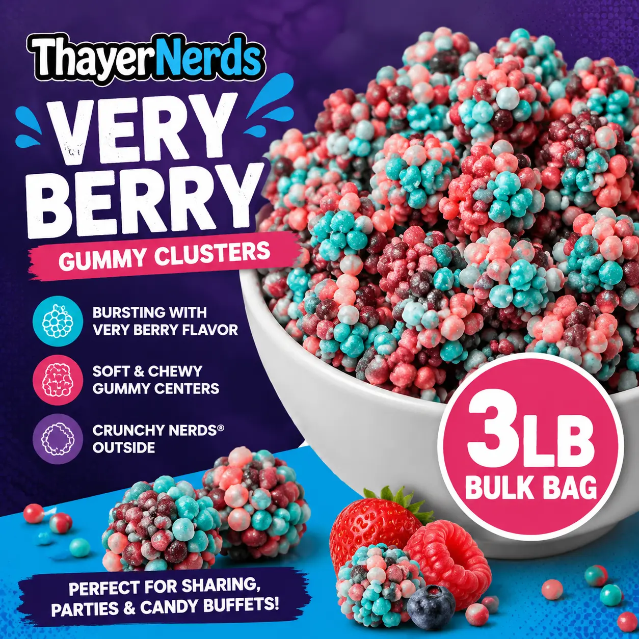 NERDS Very Berry Gummy Clusters 3 lb Bulk Bag  Crunchy & Chewy Gummy Candy | Berry Flavor Bulk Treats for Parties & Candy Buffets