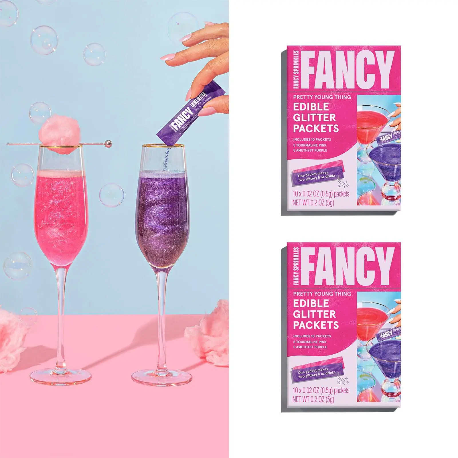 Fancy Sprinkles Pretty Young Thing Edible Glitter Packets | Tourmaline Pink & Amethyst Purple | 2-Pack Portable Drink Glitter for Cocktails, Champagne & Celebrations | Bachelorette & Girls Night | 20 Packets