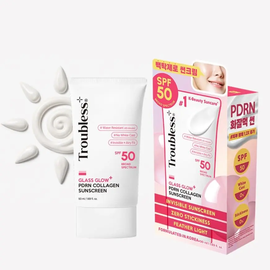 Troubless Glass Glow Plus PDRN Collagen Sunscreen SPF 50 - Official Product Hydrating & Moisturizing Broad Spectrum Face Sunscreen - Vegan, Lightweight, Non-Comedogenic - Korean Skin Care for All Skin Types 1.69 fl oz