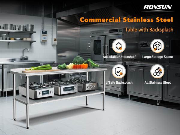 ROVSUN 30/36/48/60/72'' x 24'' Stainless Steel Table for Prep & Work,Commercial Worktables & Workstations, NSF Heavy Duty Metal Table with Adjustable UnderShelf & Backsplash for Kitchen, Restaurant,Home,Hotel