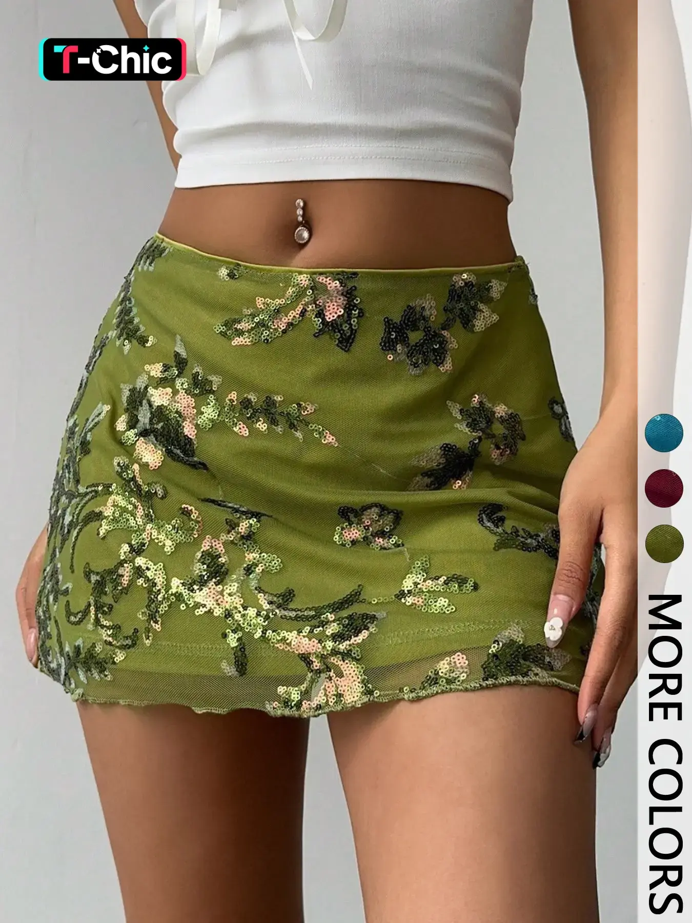Women's Sexy Short Skirt with Sequin Floral Pattern and Mesh Design, Boho Skirts, Bohemian Skirt, Summer Fashion Vacation Style, Slim-Fitting, Short Length, Boho Beach Skirt, Beach Party Skirt, Womenswear