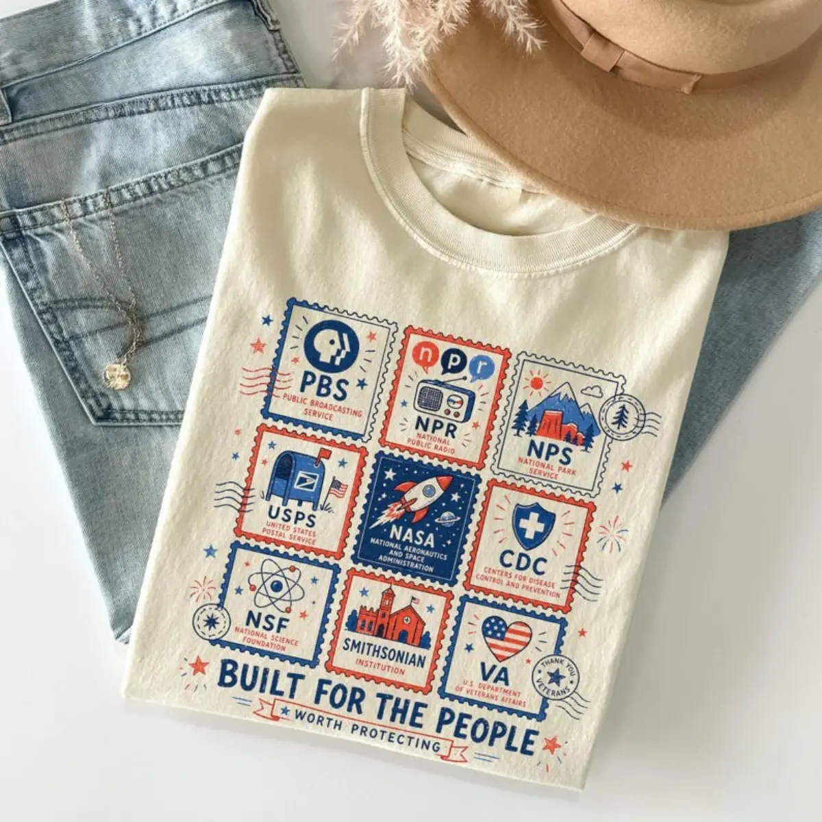 Leftist Protest Anti-Fascism Cotton Graphic Stamp Tops, Vintage USPS National Parks Tee, PBS NPR Liberal 4th of July Democratic Institutions Protection Machine-Washable T-Shirt, Cotton Tee, Machine Wash
