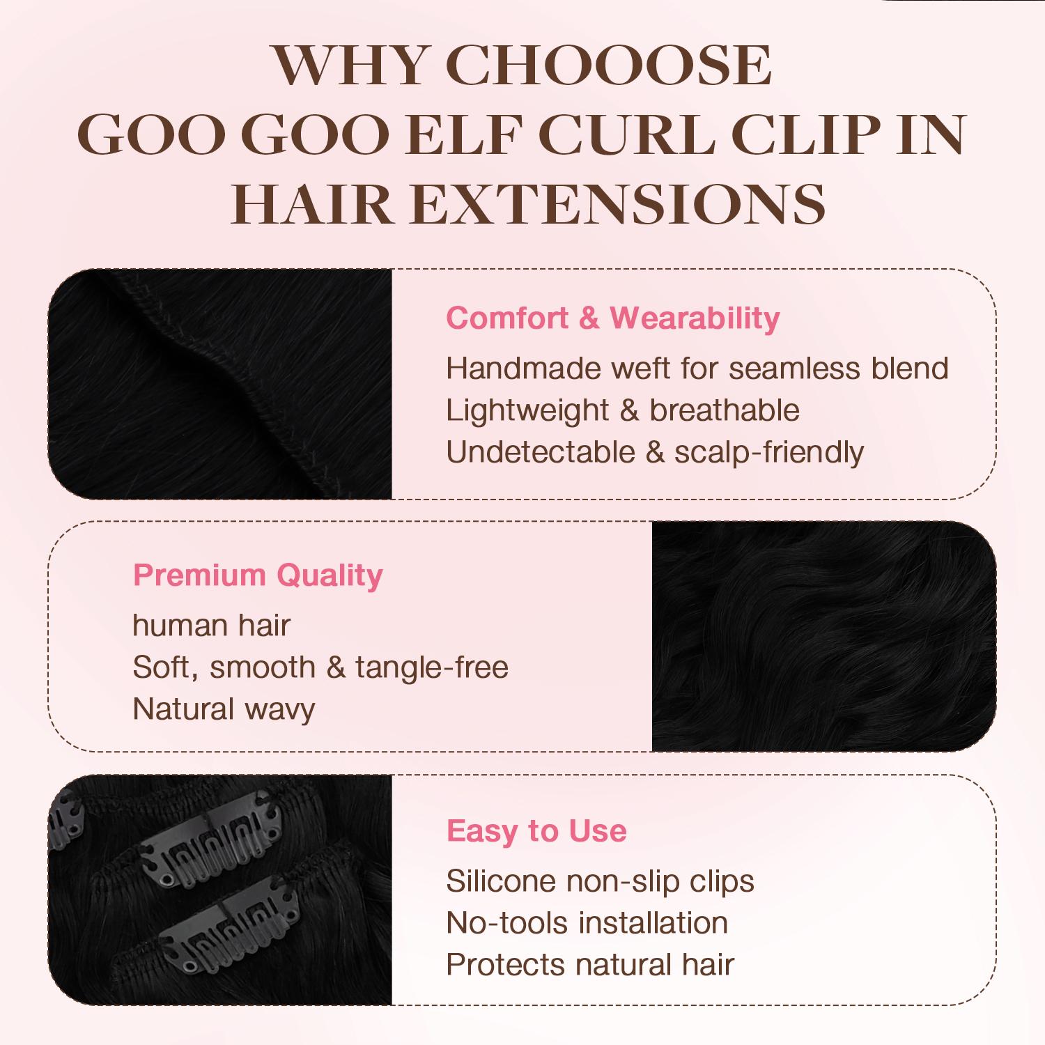 GOO GOO Hair Extensions Elf Curl Clip in Human Hair Extensions, 7Pcs/9Pcs 18-22Inch Elf Curl Clip in Human Hair Double Weft Natural Curl Hair Full Head for Women#Greenish#TikTokShopSpringGlowUp