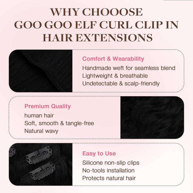 GOO GOO Hair Extensions Elf Curl Clip in Human Hair Extensions, 7Pcs/9Pcs 18-22Inch Elf Curl Clip in Human Hair Double Weft Natural Curl Hair Full Head for Women