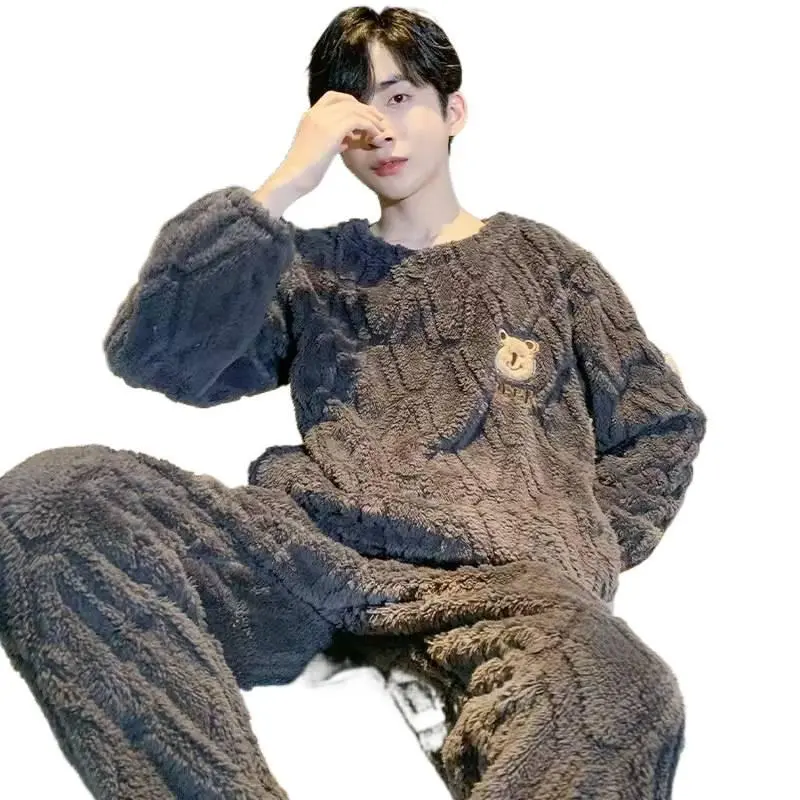 Matching Couple's Longsleeves Pajamas - LXE-225# Couple Grizzly Bears, Winter Flannel Fleece-Lined Warm Breathable Casual Loose-Fitting Indoor Multi-Size Home Wear, Machine Washable Men's/Women's Sleepwear & Loungewear
