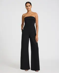 Express Crepe Fold Over Strapless Wide Leg Jumpsuit with Pockets