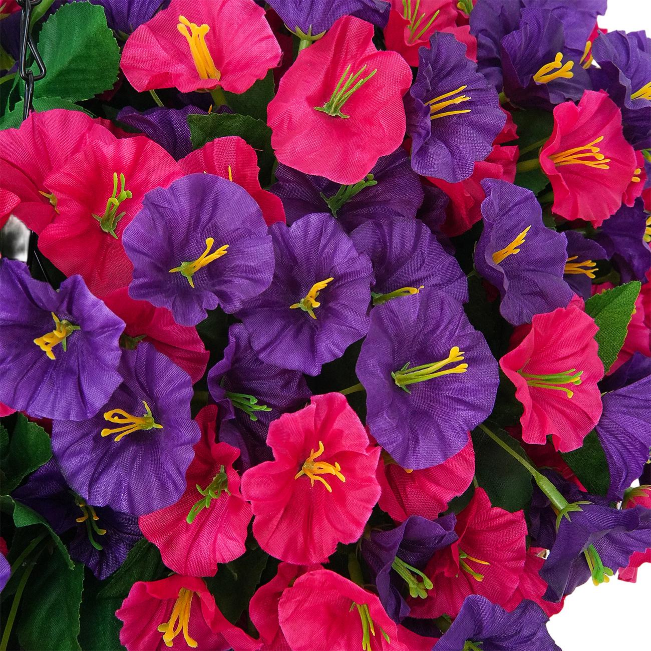 2 Pcs Artificial hanging plant and flower basket, perfect for spring and summer outdoor decoration.  Features realistic silk morning glory flowers, UV-resistant, and suitable for porches, patios, balconies, and gardens.