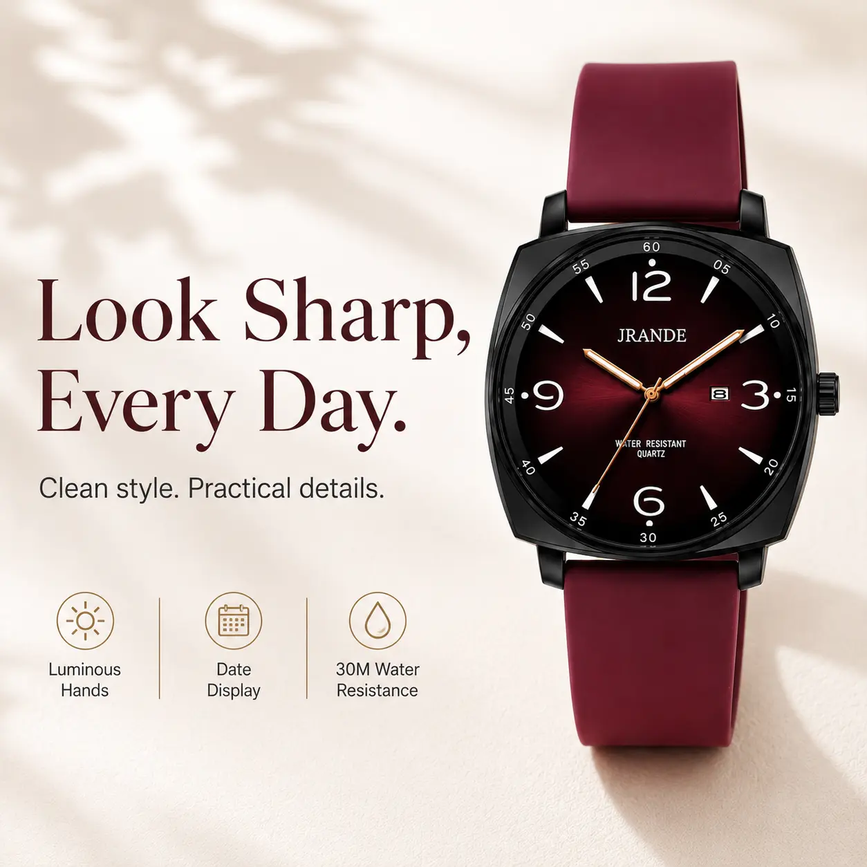JRANDE Women's Quartz Casual Daily Wear Watch, 42mm Burgundy Dial, Comfortable Fit Silicone Strap, Luminous Hands, Date Display, Mineral Crystal, 30M Water Resistant, Watches for Women Everyday Wear