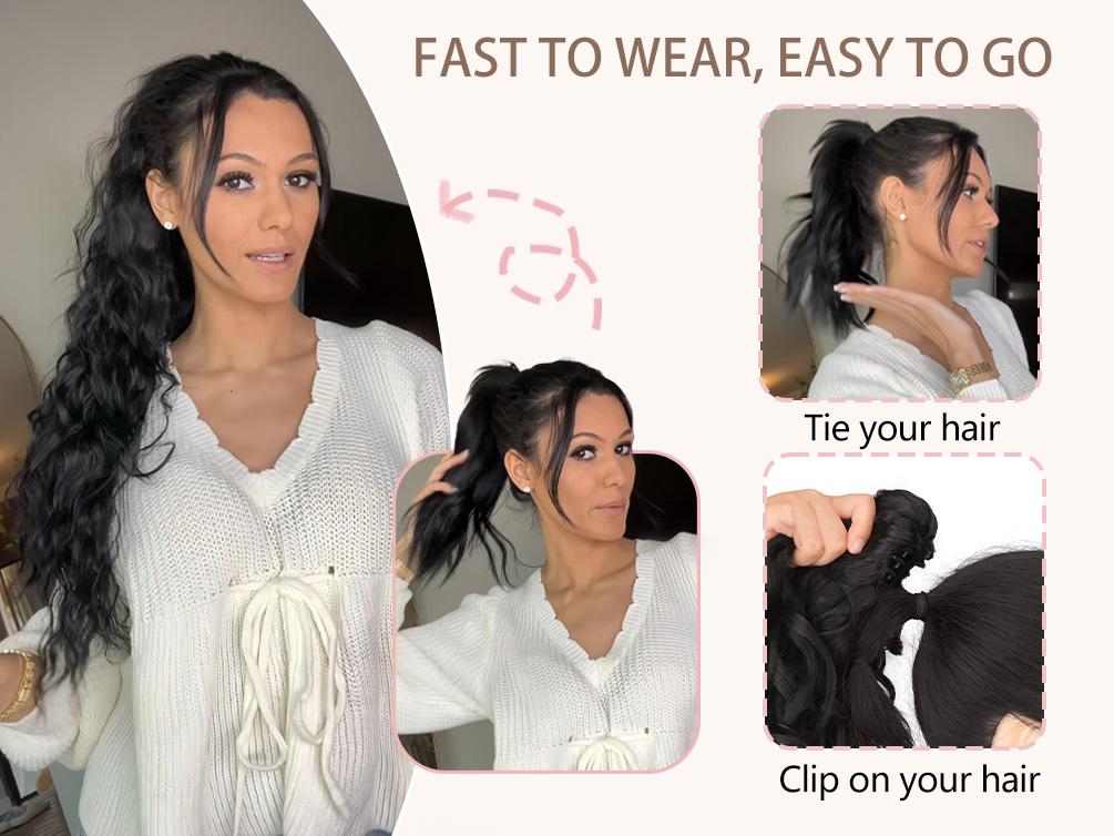 ORSUNCER Hair Extension Claw Ponytail Long Wavy Ponytail Extension Black Brown 30 Inch Curly Clip Ponytail in Hair Extensions For Women Fluffy Natural Looking Synthetic Hairpiece for Daily Use Easy To Go