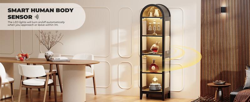 BROTTAR Arched Display Cabinet with Glass Doors, 71" Narrow Curio Cabinet with LED Lights for Collectibles Bookcase, 5-Tier Showcase Glass Display Case with Human Body Sensor for Living Room, Black