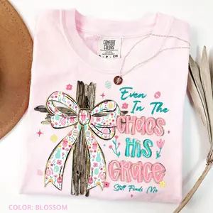 Comfort Colors His Grace Finds Me Shirt, Coquette Christian Wildflower Easter Shirt, Trendy Jesus Cross Shirt, Spring Religious