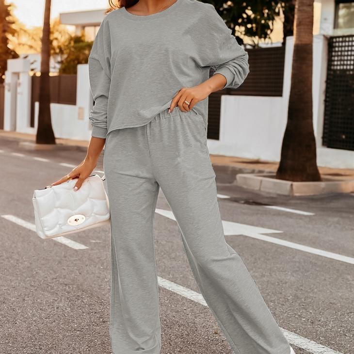 USBoutique Chic Women's Fall 2 Piece Outfits Sweatsuits Quarter Button Long Sleeve Sweatshirt & Wide Leg Pants Tracksuit Lounge Sets Medium Size
