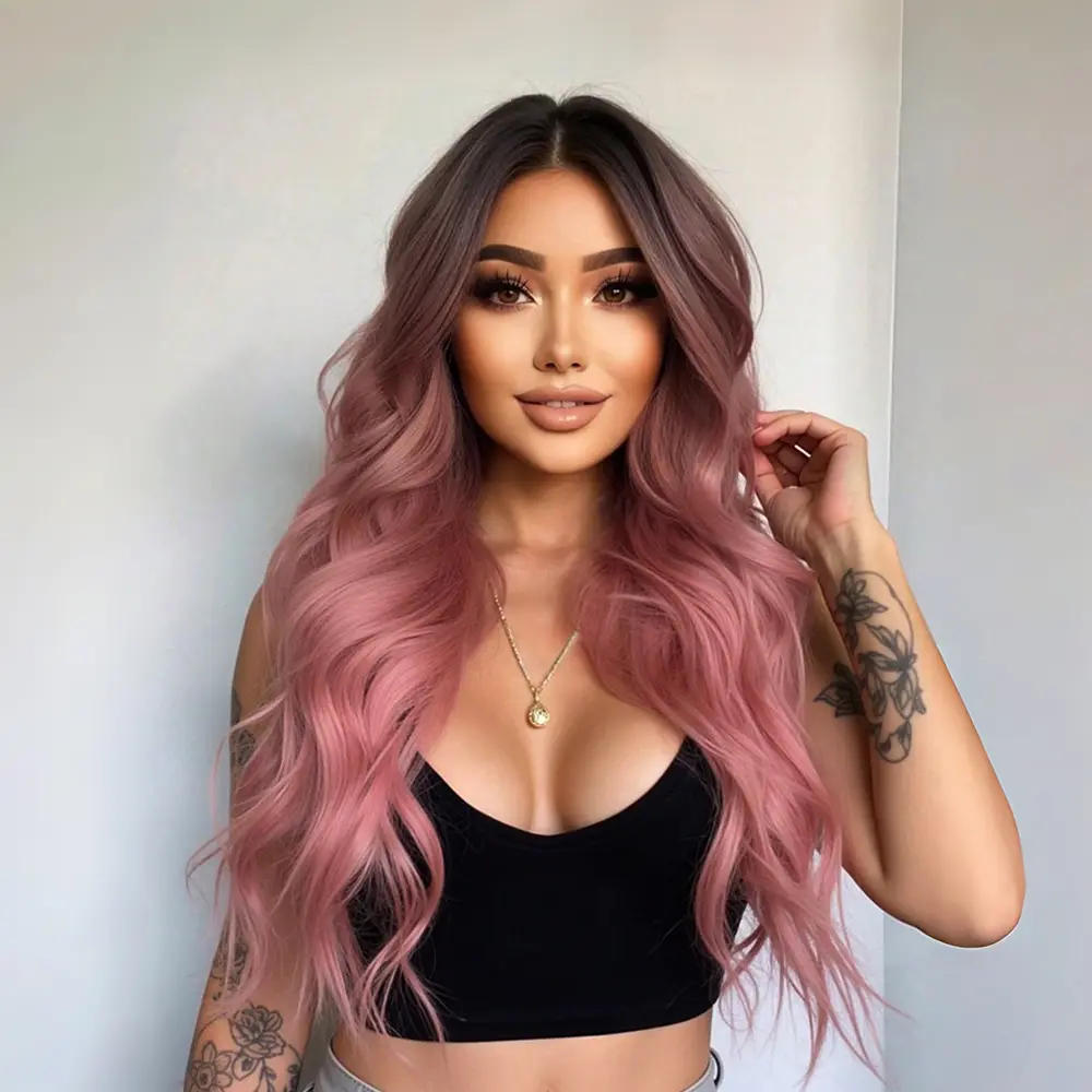 Women's 26-Inch Middle Part Ombre Pink Wavy Synthetic Wig, Glueless Ready-to-Wear Full Machine Wig, 240F Heat-Resistant Synthetic Fiber, Natural Look for Daily & Party Use, Wigs, Synthetic Wigs