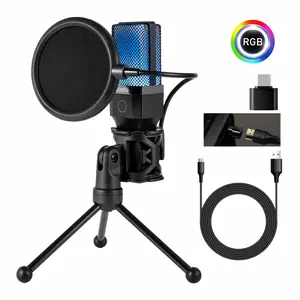 Gaming PC USB Microphone Detachable With USB-A to Type-C Adaptor, Podcast Condenser Mic with Boom Arm, Pop Filter, Mute Button for Streaming, Twitch, Online Chat, RGB Computer Mic for PS4/5 PC Gamer Youtuber