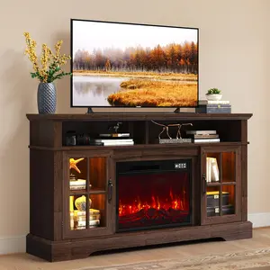oneinmil 58" Fireplace TV Stand, Modern Entertainment Center for TVs Up to 70", TV Console with Storage Cabinets & Electric Fireplace, Brown Media Console for Living Room