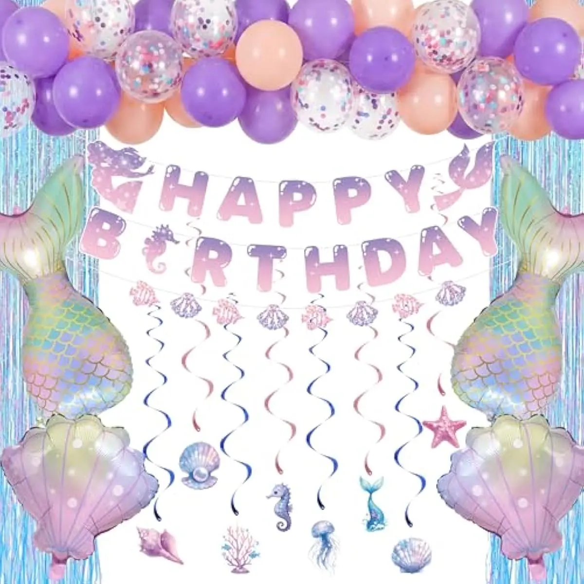 Mermaid Princess Birthday Party Decoration Set, 76PCS Under the Sea Party Supplies with Banner, Foil Latex Balloons, Spiral Swirls and Tinsel Curtains for Girls, Kids Birthday Party Supplies