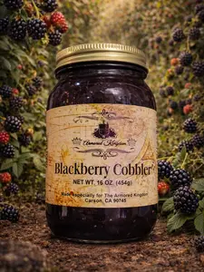 The Armored Kingdom Premium Blackberry Cobbler 16oz Jar with Royal Scroll & Crown Key Keychain Real Wild Blackberries No Baking Required Rustic Texture Deep Flavor - Fruit