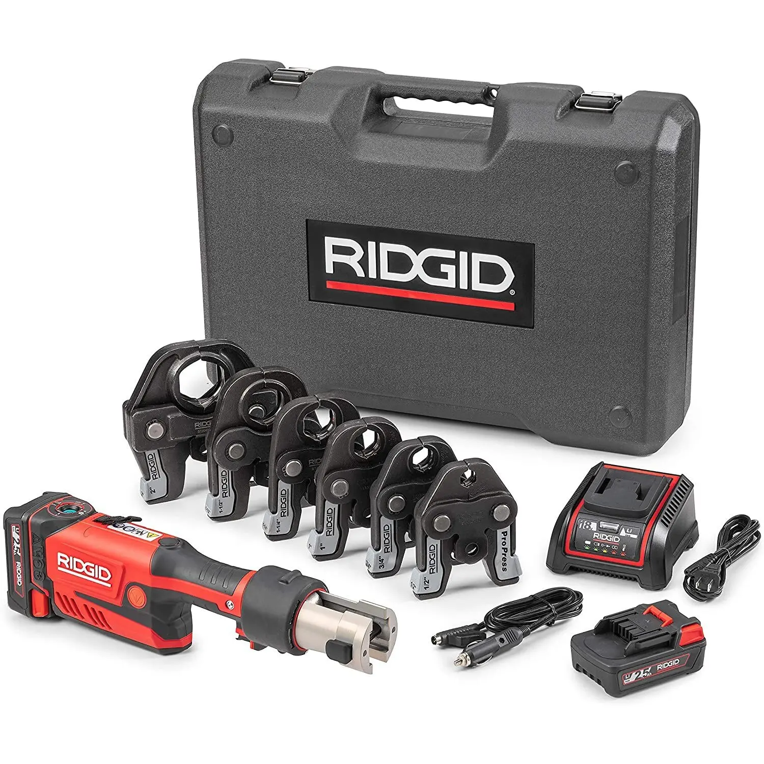 Ridgid 67178 RP 351 Heavy Duty Press Tool Kit, 18V, 360-Degree Barrel/Jaw Swivel, 7200 Lbs Hydraulic Force, 8-Second Press Cycle, Battery, Charger & 1/2"-2" ProPress Jaws for Plumbing Repairs