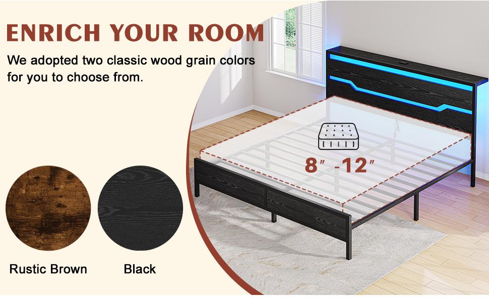 Wood Bed Frame for Queen King Full with Headboard & Storage Shelf, Queen Size Bed Frame with LED Lights & Charging Station,  No Mattress, Holds up to 900LBS with Metal Slats & Frame, No Noise