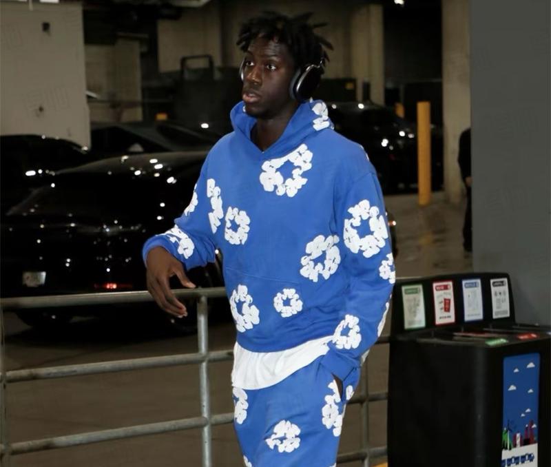 Denim Tears 2026 Women's Hoodie Set Cotton Foam Print Sweatpants Distressed American High Street Casual Sweatshirt Plus Size Black Short Sleeve Long Loose Fit Y2K Unisex 2-Piece Set Top Trouser Suits