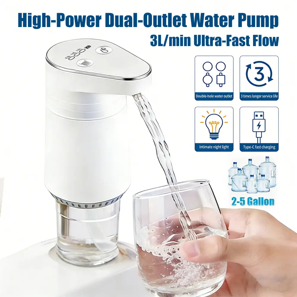 Electric Water Pump for 5 Gallon Bottle, Dual Spout High Flow Water Dispenser with Adjustable Auto Shut-Off, Rechargeable USB Portable Drinking Water Pump, BPA-Free Food Grade Silicone Hose for Kitchen Office Camping