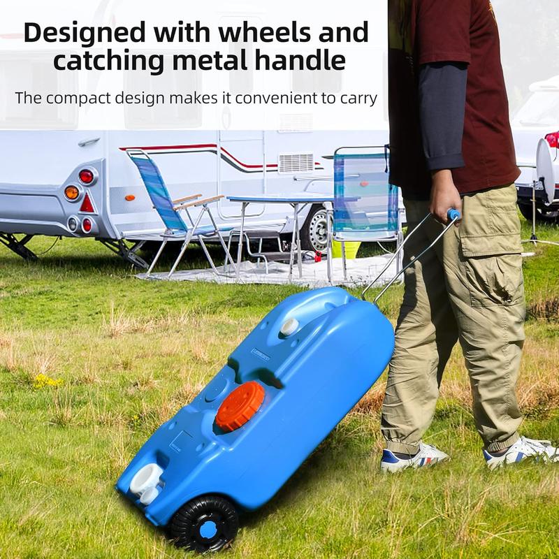 YITAMOTOR 40L Portable Water Tank with Solid Handle, Odorless Tote for Camper with Large Wheels, Portable Water Holding Tank with Filling and Draining Ports for Efficient Water Management, Blue